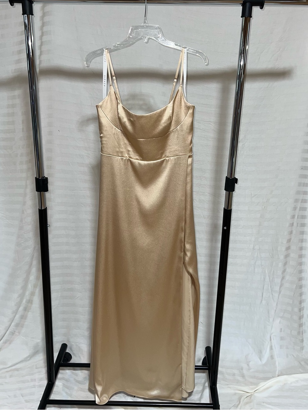 Azazie Halsey Champagne A-Line Side Slit Metallic Satin Bridesmaid Dress
